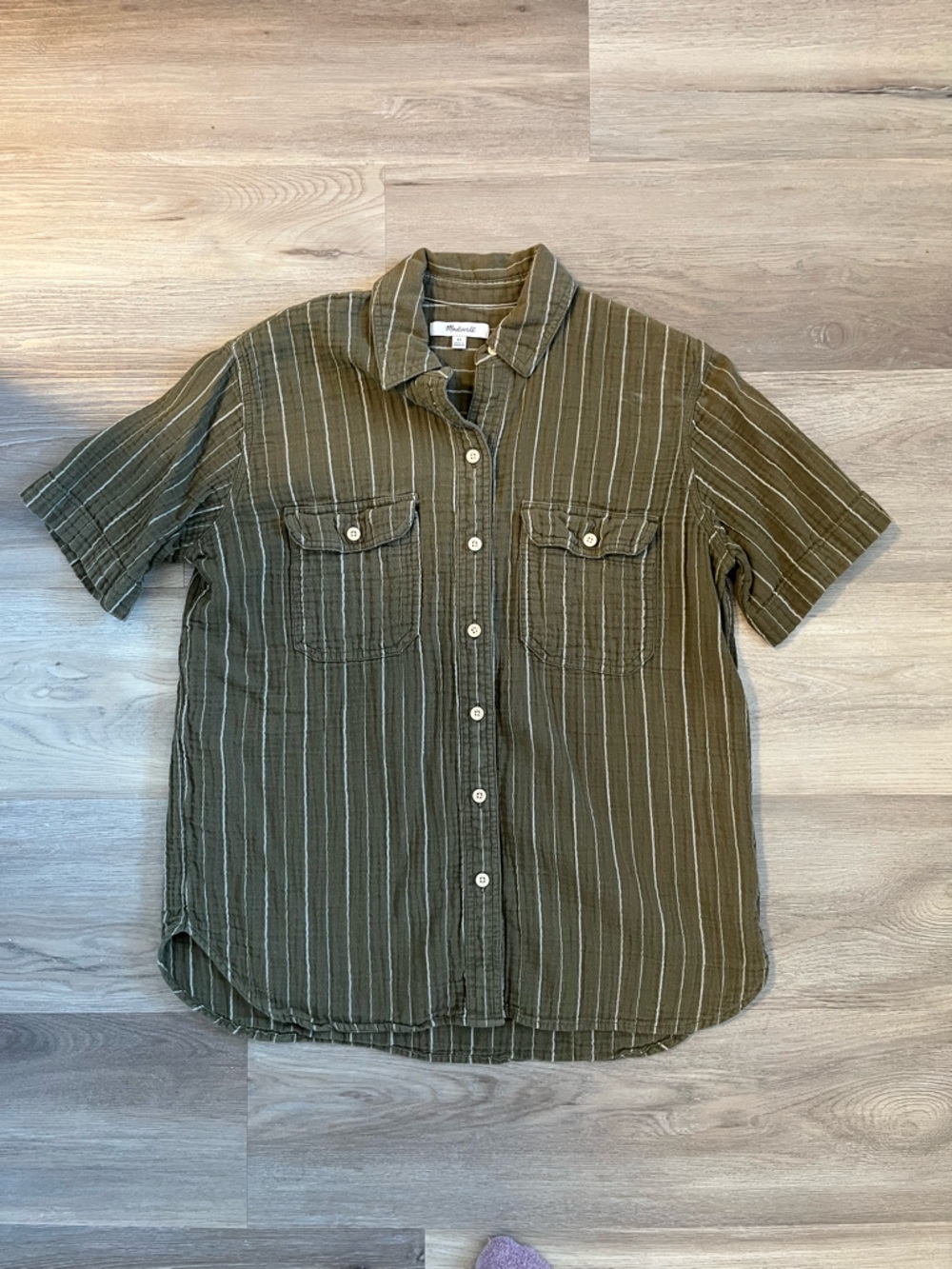Madewell Green Striped Short Sleeve Shirt